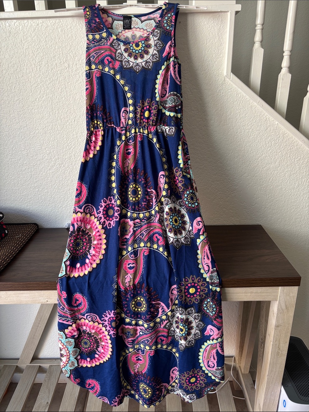 Girls Navy Paisley Maxi Dress with Pink Accents by